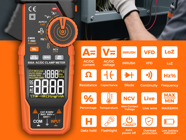 Amp Voltage Tester with VFD, LOZ, NCV, AC/DC Voltage Current, Continuity Capacitance Frequency