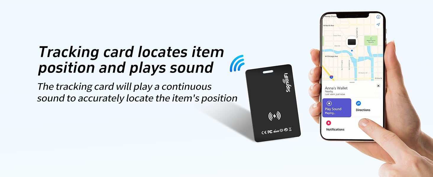 Tracking card locates item position and plays sound.