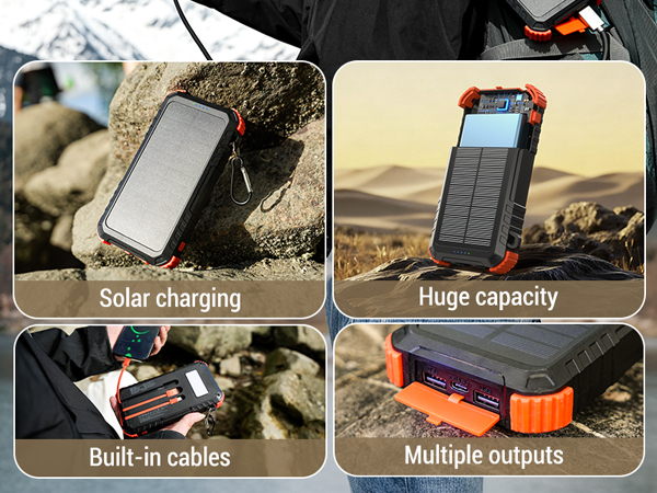 Solar charging Huge capacity Built-in cables Multiple outputs