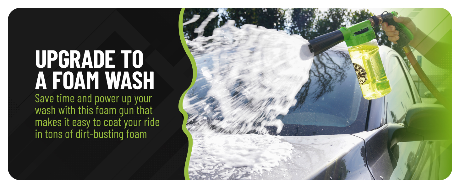 Foam gun spraying thick suds from the Chemical Guys Arsenal Builder Car Wash Kit