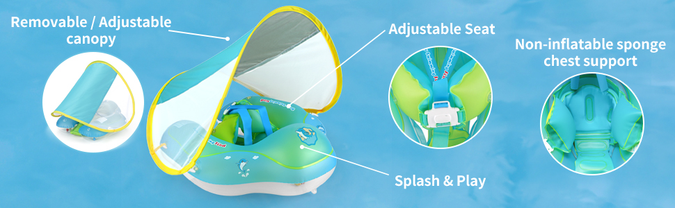Infant water float with removable canopy, adjustable seat, splash area, and chest support. Features blue and yellow colors with labeled parts for safety and play.