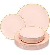 Lullaby 100PCS Pink Plastic Plates, Disposable Pink Plastic Plate with Gold Rim, 50PCS Dessert Pl...