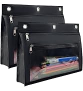 TOPWOOZU Pencil Pouch 3 Ring, Large Zipper Pencil Pouches Case Binder Cosmetic Bag (Black, Large-...