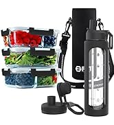 FIT Strong & Healthy 1, 2 & 3 Compartment Glass Meal Prep Containers with BLACK Lid and 35 oz Gla...