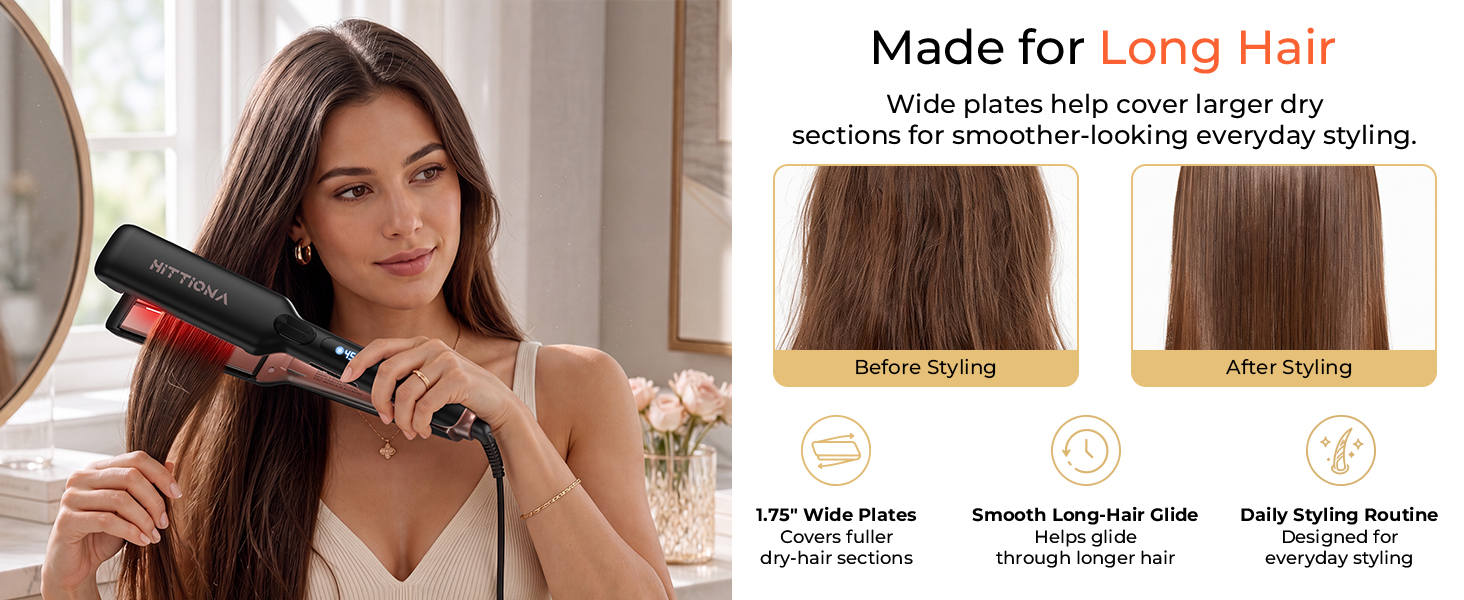 HITTIONA wide infrared hair straightener for long hair showing before and after styling results