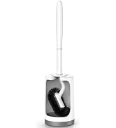 HAMITOR Toilet Bowl Brush Holder Set: Curved Design with Holder for Deep Cleaning Under Rim - Com...