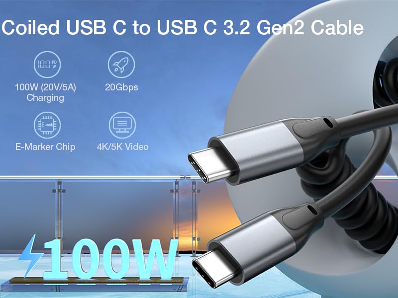 Coiled USB C to USB C Cable 100W USB 3.2 Gen2x2 20Gbps Scalable Spring Spiral