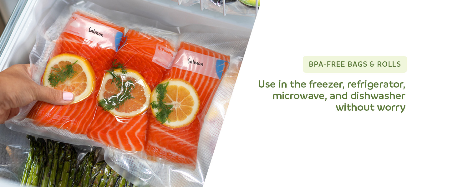 Vacuum-sealed salmon with lemon slices in a freezer with description
