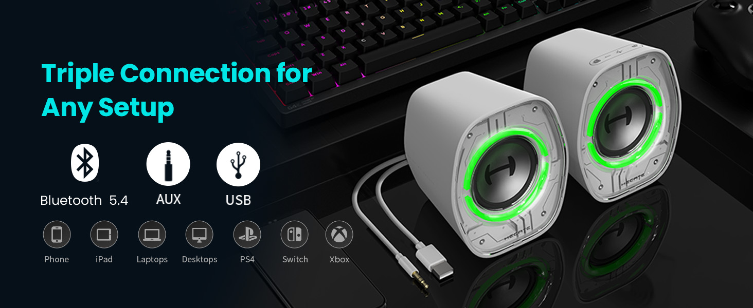 connect via Bluetooth 5.4, USB, or 3.5mm AUX. Perfect for PC, laptops, PS5, Switch, and tablets