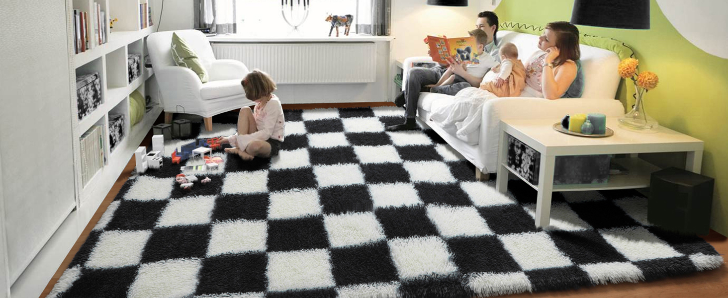 black and white checkered rug