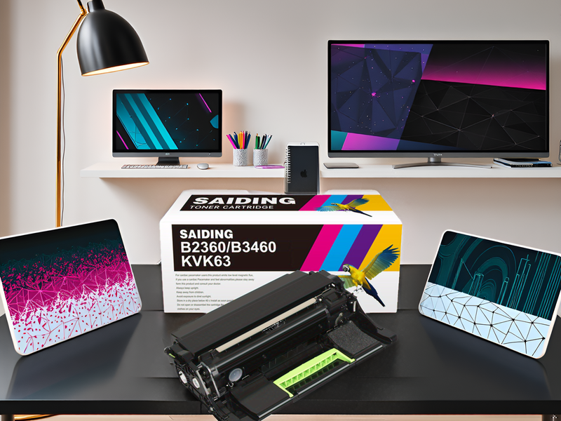 A modern office desk with the product displayed prominently on a clean, minimalist surface.