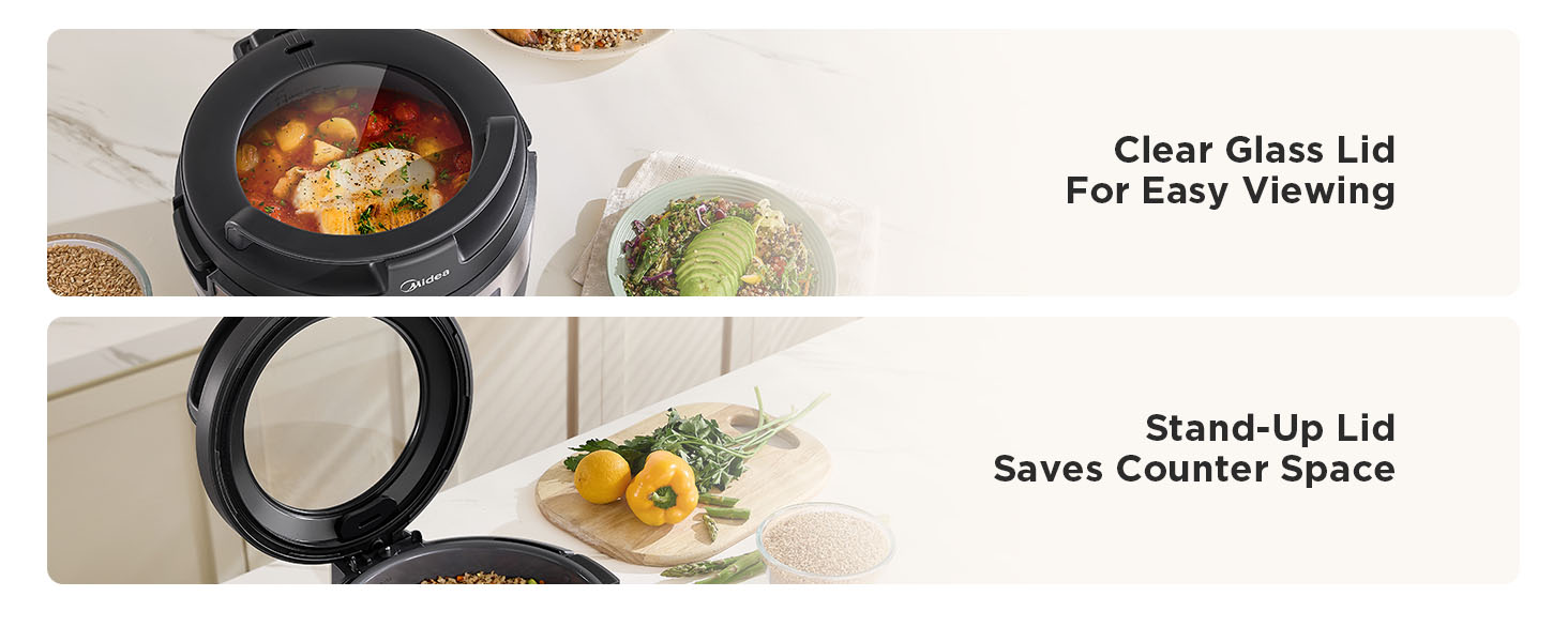glass lid &stand-up lid for easy viewing & saving space