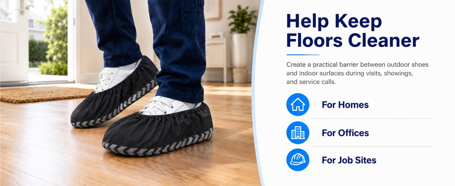 Black shoe covers on indoor floor for homes, offices, and job sites