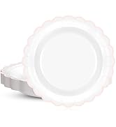 CaliLain 30 Pcs Pink and White Paper Plates 7 Inch; White Disposable Plates with Pink Trim; Scall...