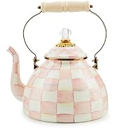 MACKENZIE-CHILDS Enamel Tea Kettle, Stylish Tea Kettle for Stovetop, Pink-and-White Rosy Check, 3...