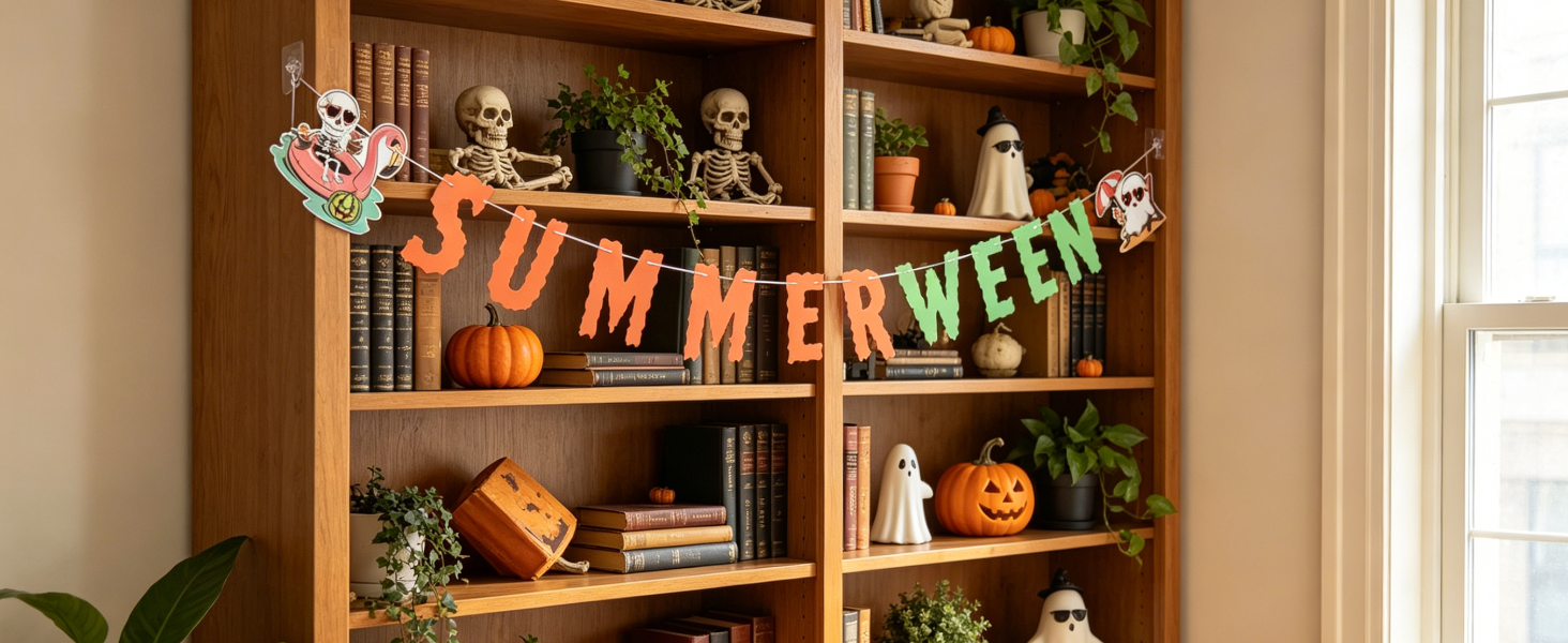 Summerween banner on white bookshelf between plants and books.