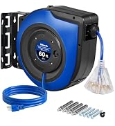 WILAWELS Retractable Cord Reel, 60 FT Heavy Duty Extension Cord, 12AWG/3C SJTOW, 3 Grounded Outle...