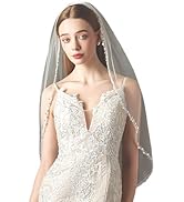 YAEISM 1 Tier Beaded Edge Veil Sequin Pearl Crystal Trim Bridal Veil Elegant Fingertip Length Wed...