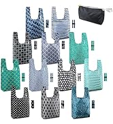 BeeGreen Reusable Grocery Shopping Bags Groceries Totes 12 Pack 50LBS Foldable Fashion Bags w sma...