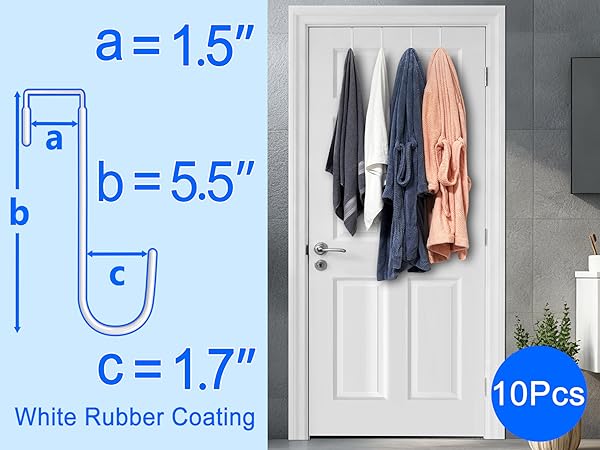Two bath towels and two bathrobes hang from four hooks on bathroom door with hook size