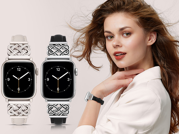Two smartwatches with patterned bands, one white and one black. The watches display a digital time face and are shown next to a model wearing the white version.