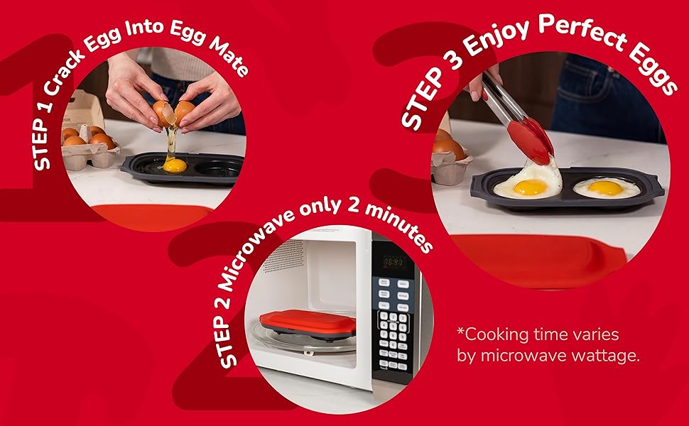 step 1 Cracked egg in egg mate, staep 2 egg mate in microwave, step 3 cooked eggs
