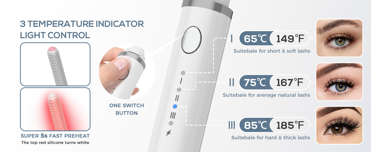 White handheld beauty device with temperature control. Display shows three heat settings: 65°C, 75°C, and 85°C. Images demonstrate eyelash curling effect.