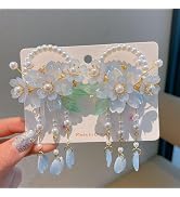 2Pcs Vintage Blue Flower Hair Clips,Sakura Alligator Hair Clips Barrettes Tassel Pearl Hairpin Ch...