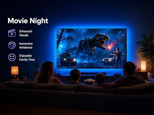 TV backlight strip creates cozy, vivid movie night atmosphere.