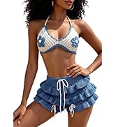 Women's Summer 2 Piece Crochet Beach Swimsuits Vacation Outfits Floral Bra Tops Drawstring Ruffle...