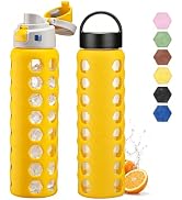 MUKOKO 32 oz Glass Water Bottle, Yellow, 1 Pack | 2 Lids, Straw Included, Silicone Sleeve, For Sp...