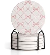 Pink Bow Round 4" Cup Coasters, Absorbent Ceramic Stone Drink Coasters with Non-Slip Cork Back, C...
