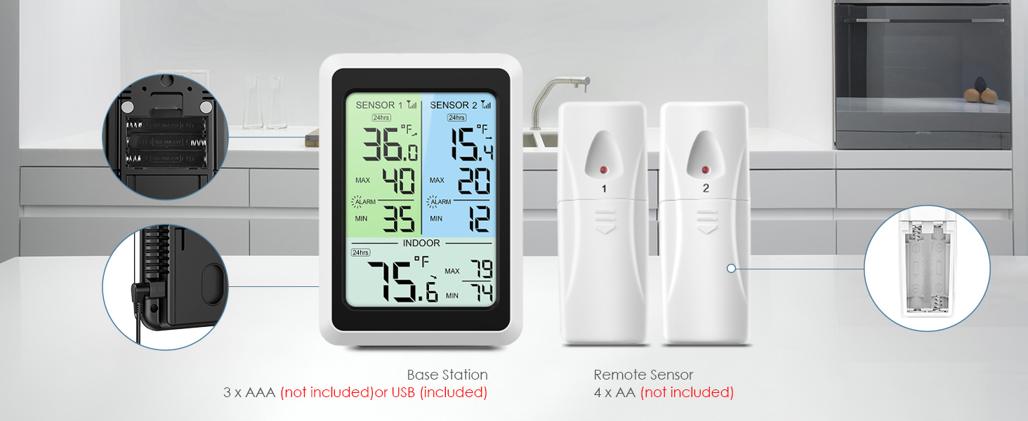 Refrigerator Thermometer with Freezer Alarm, Digital Wireless Fridge Thermometer with 2 Sensors