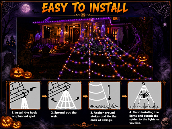 Halloween Decorations Outdoor Spider Web Lights with Glowing Spider