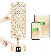 Crystal Table Lamp, Gold Lamp for Bedroom with USB-C USB-A Charging Ports, 3 Way Dimmable Light w...