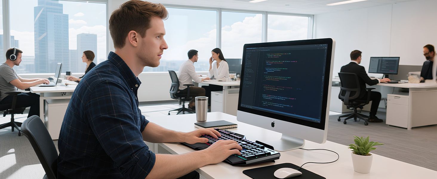 Modern office setting showing programmer working at computer workstation with code visible on screen, other workers visible in background.