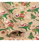 RUSPEPA Kraft Christmas Dinosaur Wrapping Paper Roll, Mini Roll, Santa Claus Riding T-Rex Design ...