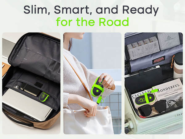 Composite image showcasing a slim travel organizer. Features laptop compartment, compact charger, and organized pockets for accessories like sunglasses and cables. Tagline emphasizes portability and smart organization for travel.