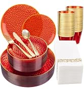 DaYammi 175 Pcs Plastic Dinnerware Set (25 Guests), Clear Red and Gold Plastic Plates, Hammered P...