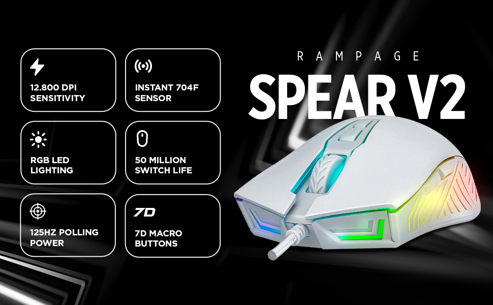 Rampage Spear V2 white RGB wired gaming mouse with ergonomic shape and side buttons