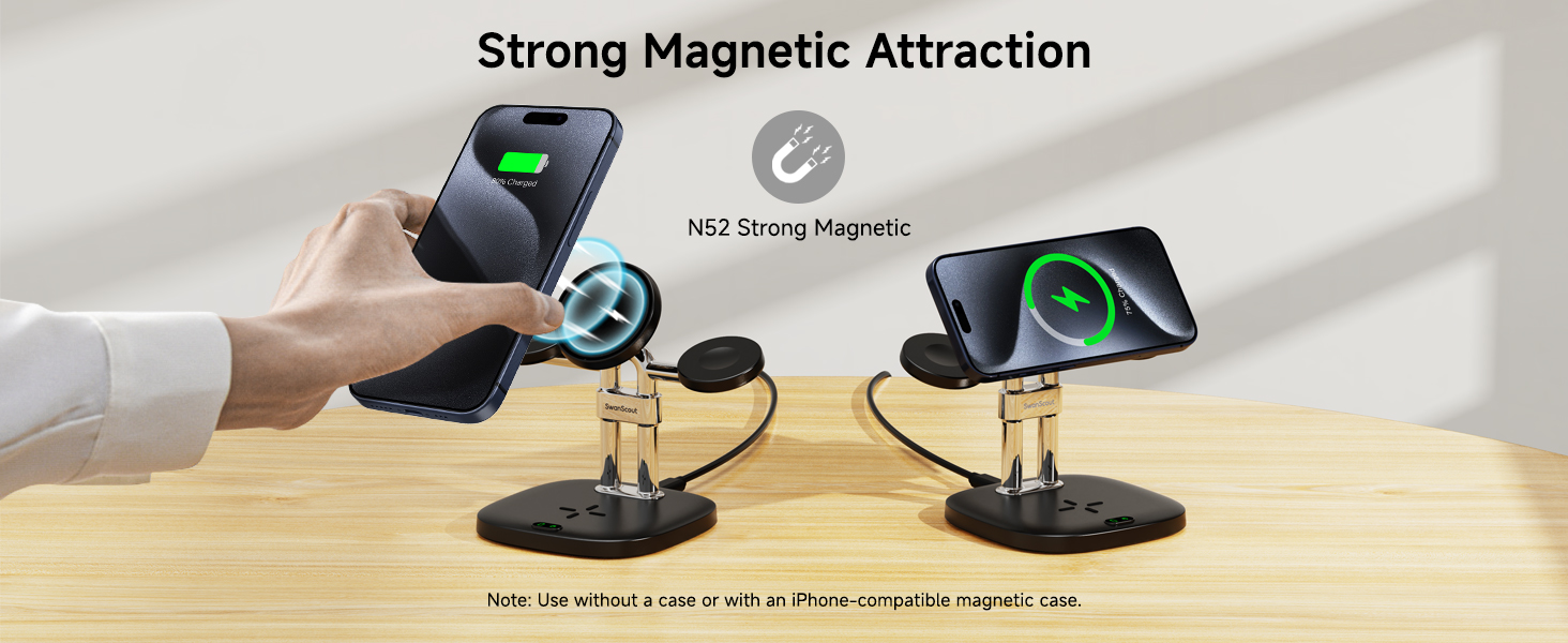 Demonstration of strong magnetic attraction between two smartphone mounts on a wooden surface.