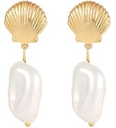 Elegant Gold Plated Stud Earrings for Women, Hypoallergenic Pearl&Shell Ear Studs, Classic Minima...