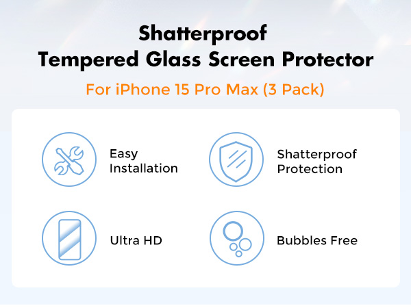 Shatterproof tempered glass screen protector for iPhone 15 Pro Max. Features include easy installation, shatterproof protection, Ultra HD clarity, and bubble-free application.