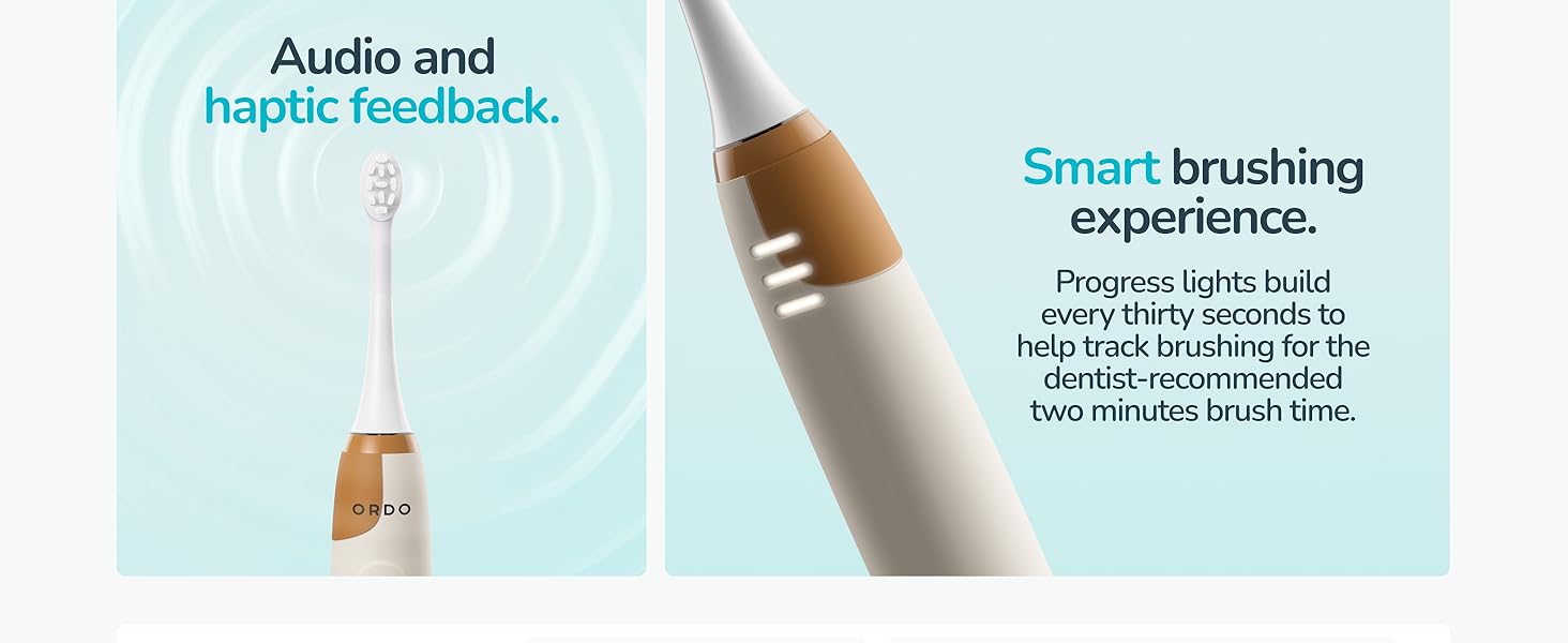 Text reads 'Audio and haptic feedback.' and 'Smart brushing experience.' Electric toothbrush shown in two panels highlighting features for improved brushing technique.