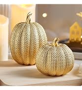 FESTGLOX Pumpkin Fall Decor Indoor, 2Pcs Resin Gold Pumpkin for Decorating | Thanksgiving Pumpkin...