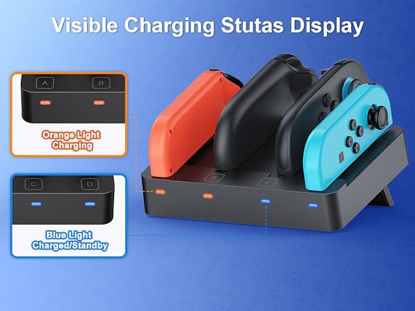 Gaming controller charging dock station with LED indicators, showing multiple slots for different colored controllers and charging status display.