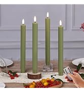Girimax Olive Green Ribbed Flameless Taper Candles with Remote, Flickering LED Wax Candlesticks B...