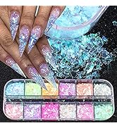 SONGJIE 12 Grids Nail Foil Flakes, Holographic Nail Foil Flakes Confetti Glitter Gold Silver, Iri...