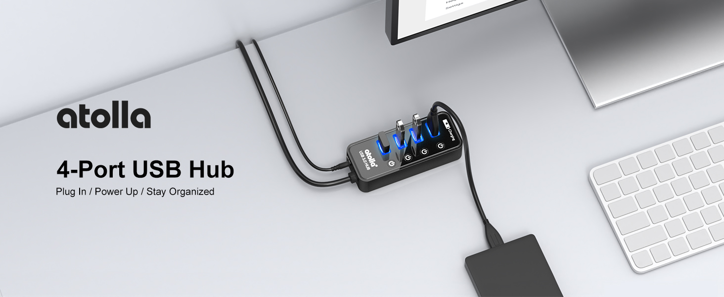 atolla 4-Port USB Hub with LED indicators: plug in, power up and keep your desk organized