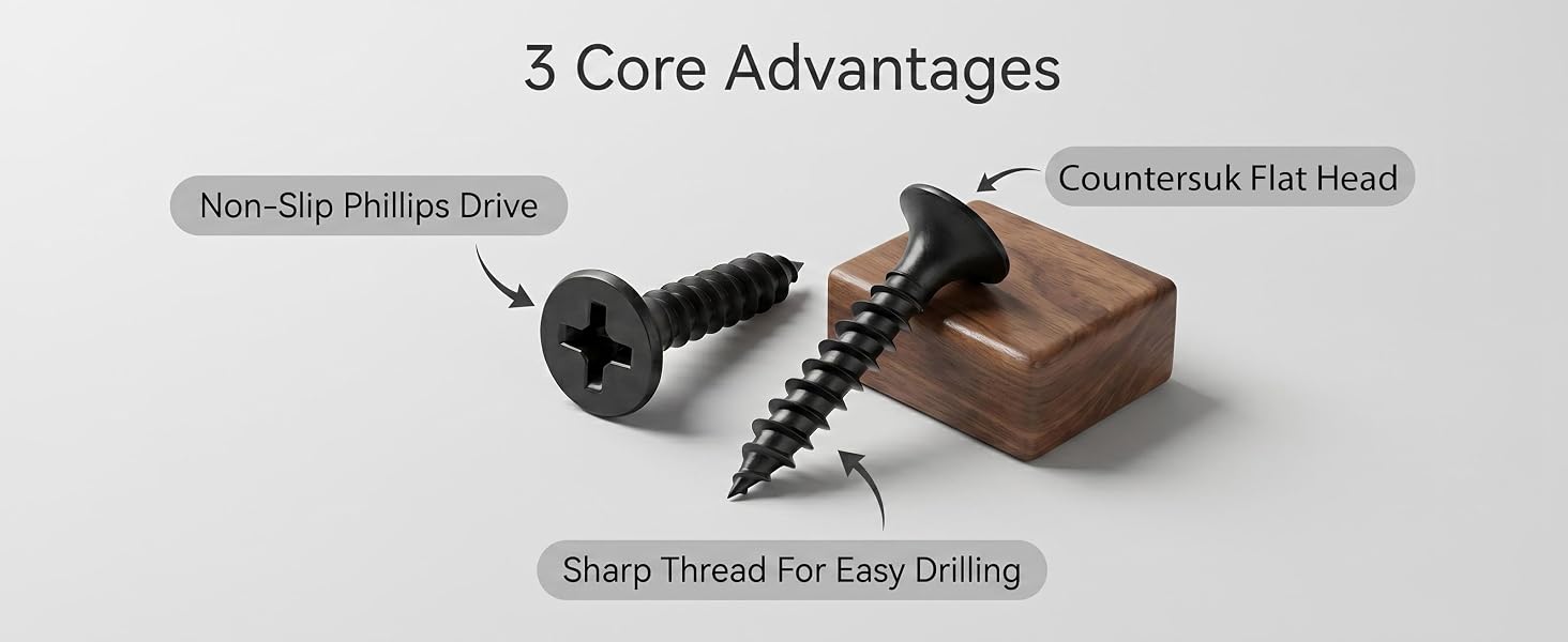 Wood screw with non-slip Phillips drive, sharp thread and countersunk flat head.